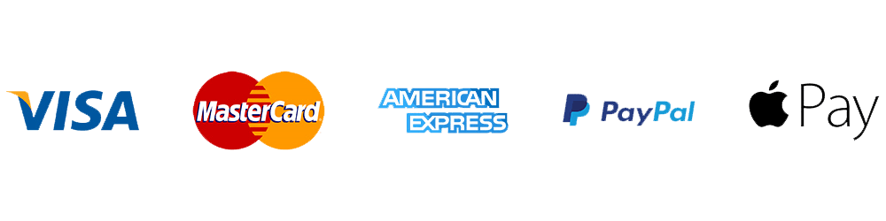 Accepted payment methods including Visa, Mastercard, American Express, PayPal, and Apple Pay